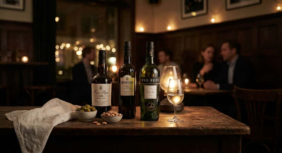 Fire ulike sherry-flasker på et rustikt trebord med oliven, mandler og en hvit duk i bakgrunnen – (Tio Pepe Fino)