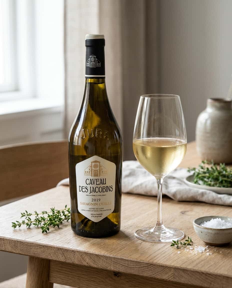 Närbild av en flaska Caveau des Jacobins Savagnin Ouillé 2023 på ett träbord med färska örter och ett halvfullt vitvinsglas