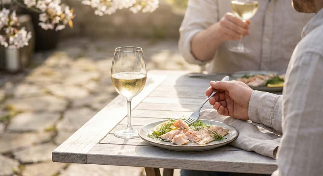 Ett vårligt dukat bord utomhus med vitvinsglas, färska örter och en tallrik med ljus fiskrätt, varmt eftermiddagsljus