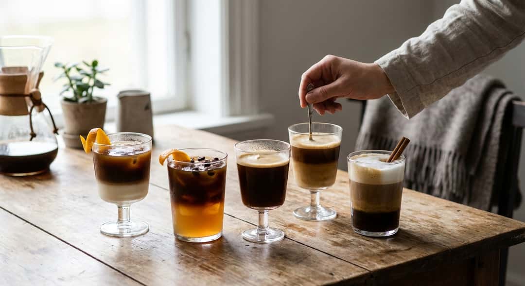Overhead shot av fem olika kaffe-cocktails serverade i olika glas på ett rustikt träbord, morgonljus