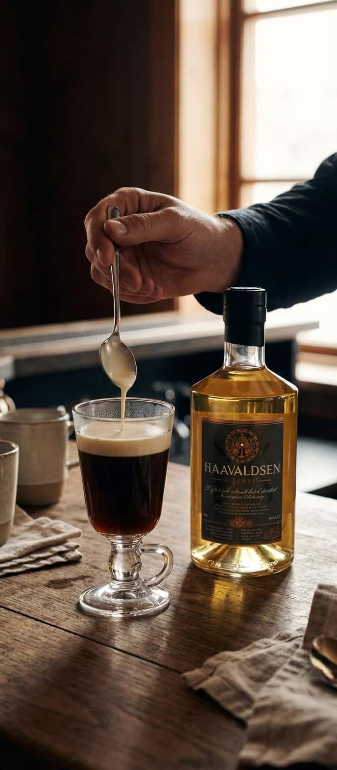 Närbild av irländskt kaffesglas med perfekt gräddelager på toppen, (Håvaldsen Triple Cask Aquavit)