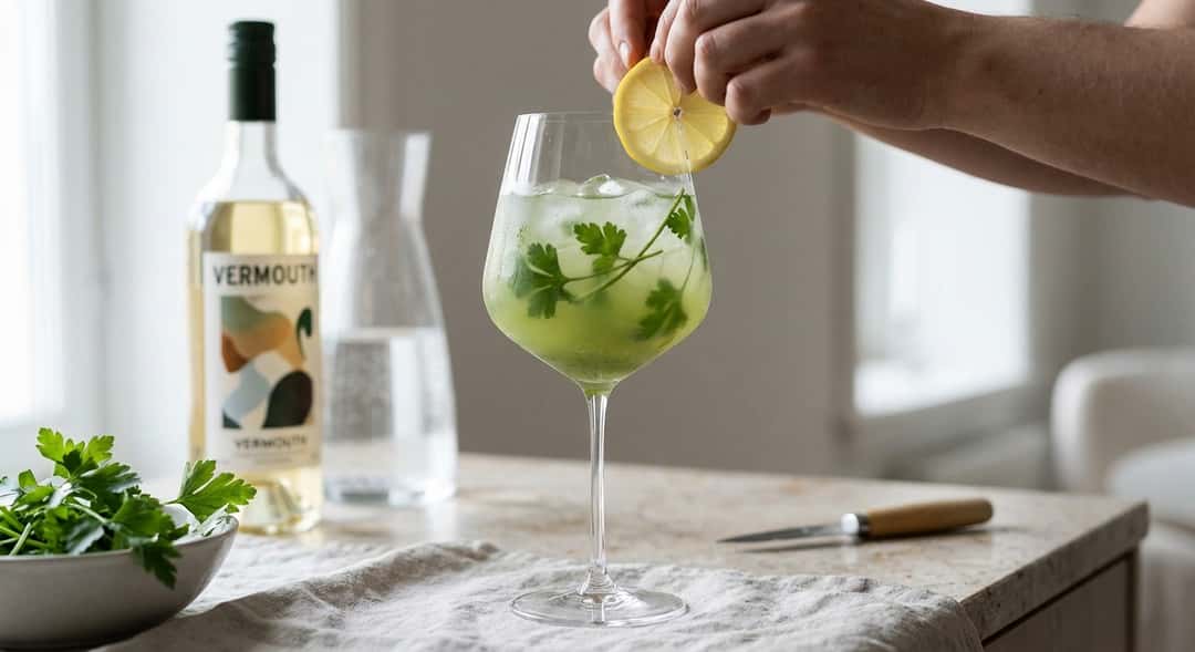 Et stort, tynt vinglass fylt med grønn drink, persillestilker synlige gjennom isen, sitronskive balansert på kanten