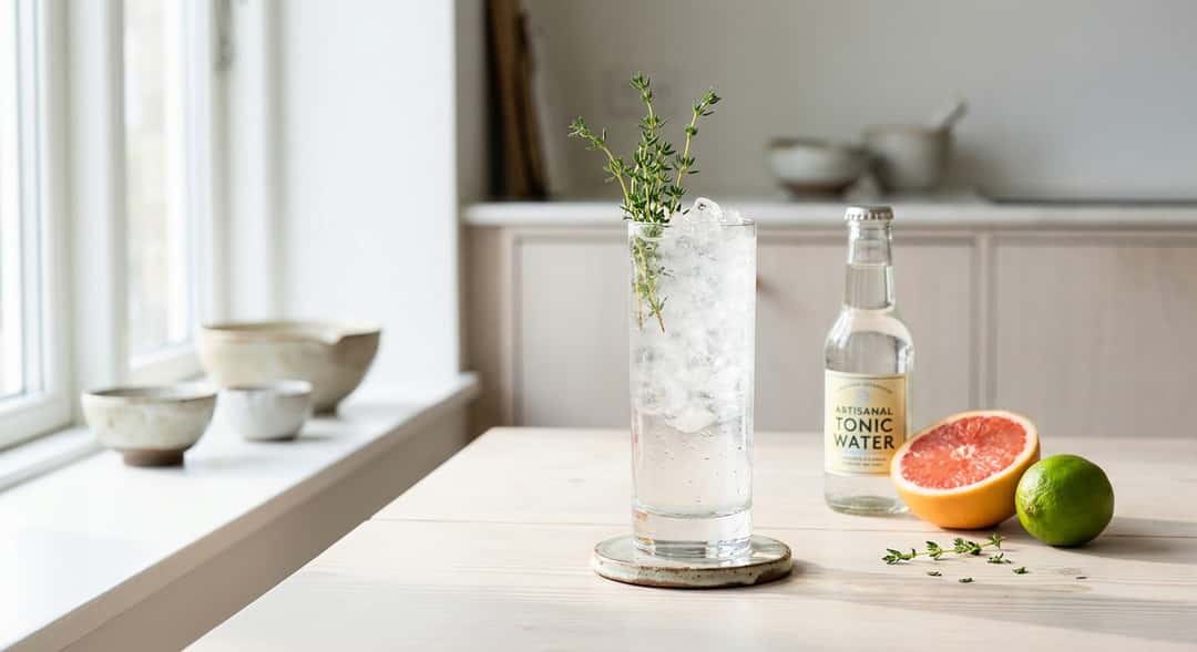 Et høyt, smalt glass med timiankvister som stikker opp av isen, kondensdråper på utsiden, lyst kjøkken i bakgrunnen
