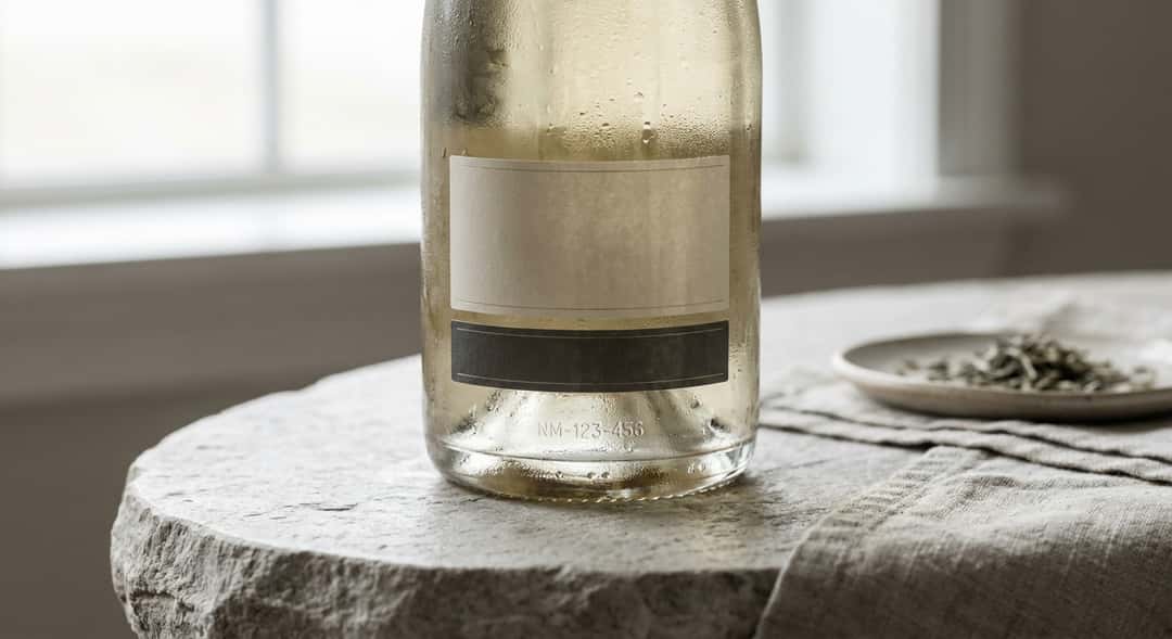 Nærbilde av baksiden av en champagneflaske med synlig produsørkode i liten tekst, naturlig dagslys