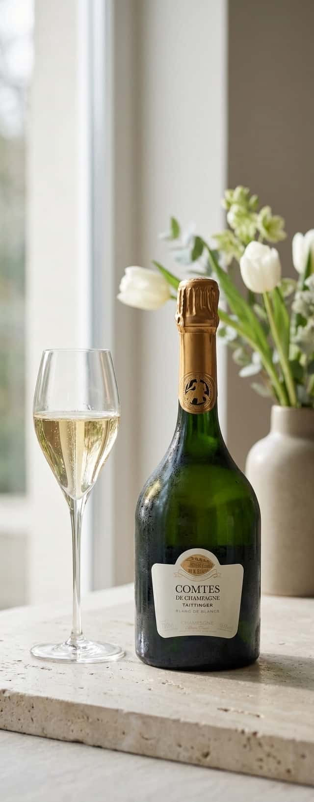 Flasken Taittinger Comtes de Champagne Blanc de Blancs Brut 2012 på et elegant bord med champagneglass og vårblomster i