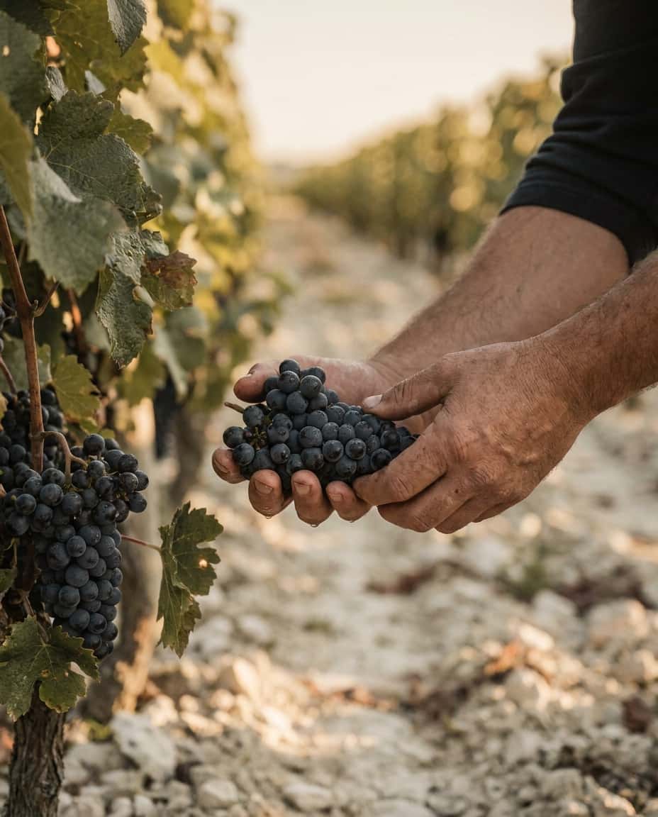 En vinbonde inspiserer modne druer i en champagnevinmark, kalksteinsjord synlig mellom rekkene og lav ettermiddagssol