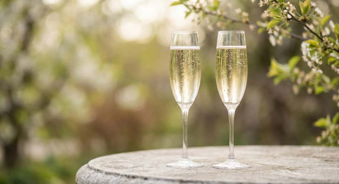 To champagneglass i motlys utendørs på en vårdag, bobler stiger mot overflaten og grønn natur i bakgrunnen