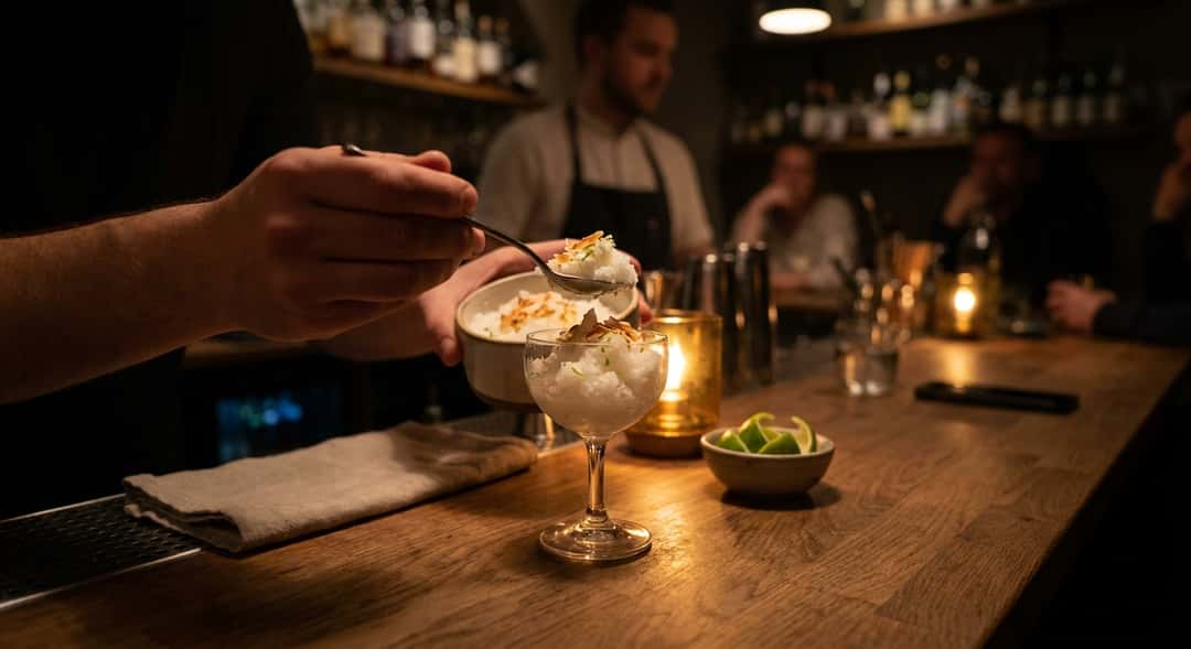 En vit ugnsfast form med färdig kokosvatten-granita, toppad med rostade kokosflarn och limezest, fotograferad utomhus i skugga