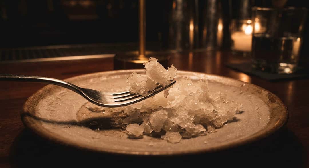 Närbild av gaffel som skrapar kokosvatten-granita i ugnsfast form – kristallerna lyfter sig i lösa klasar