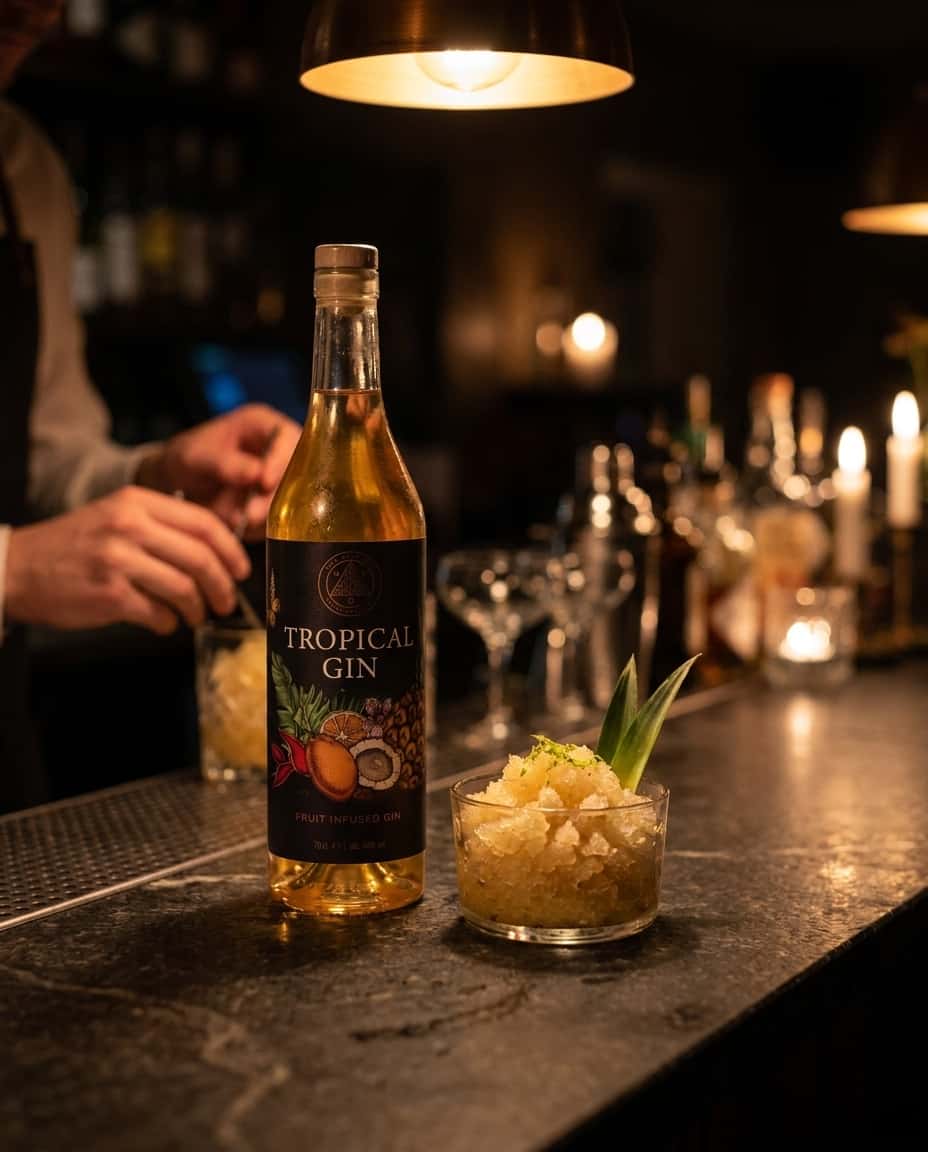Oslo Håndverksdestilleri Tropical Gin-flaska bredvid en färdig granita-portion i en låg glasskål