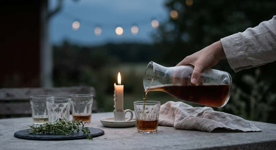Candles on an outdoor table after the grill has gone out, half-empty glasses and a good atmosphere on a summer night