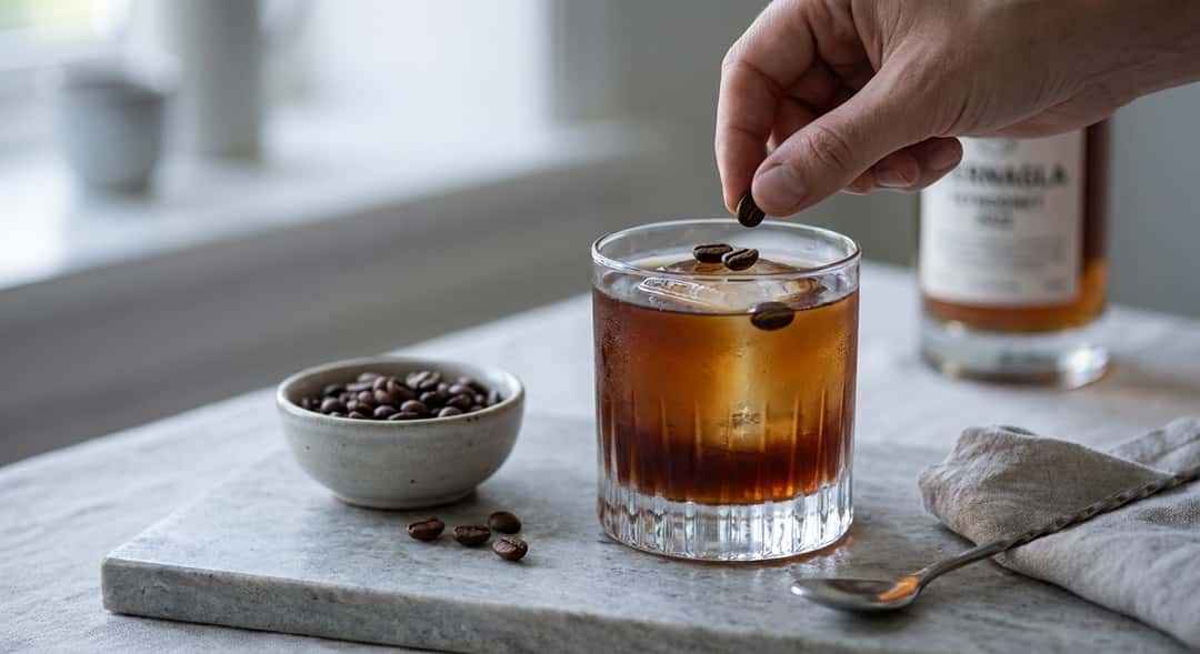 Cold coffee drink with rum in a low glass, three coffee beans as garnish, warm evening light (Hiernagla Fatmodnet Rom 2022)