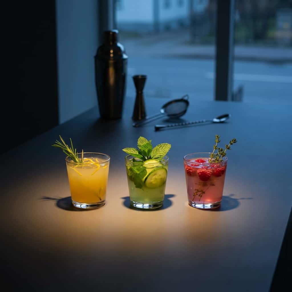Tre små glass med ulike hjemmelagde siruper i gult, grønt og rosa, med urter og sitrus ved siden av