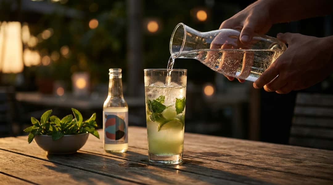Et høyt glass med mynte-limesoda, is og myntekvast, fotografert mot lyst lys ved et vindu