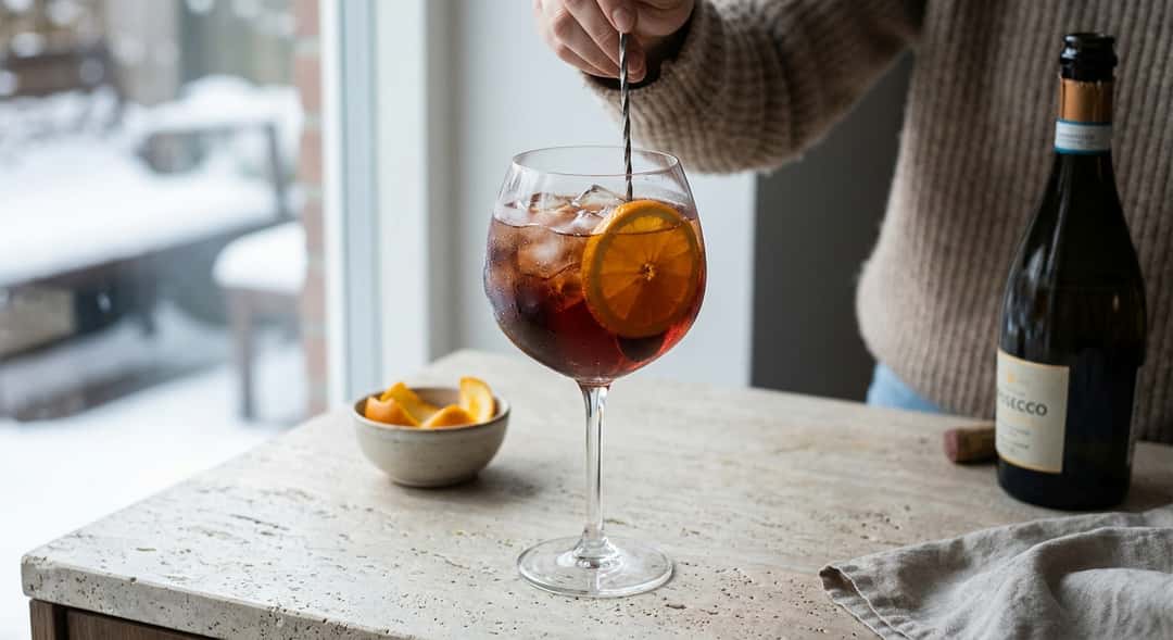 A balloon glass with Campari spritz, reddish-brown colour, orange slice and ice cubes in sunshine (Campari Bitter)