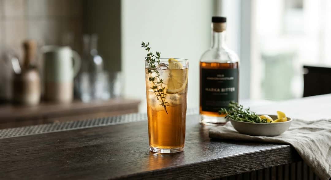 A spritz with Norwegian bitters, forest-green garnish of thyme and lemon, rustic wooden surface (Oslo Håndverksdestilleri Marka)
