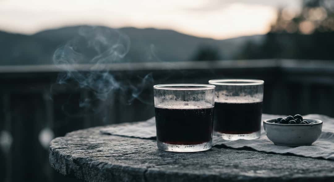 Rustiikkinen ulkopöytä, jolla kaksi lasia tummanpunaista, kevyesti kuohuvaa Lambrusco-viiniä, auringonlasku taustalla ja grillisavua ilmassa