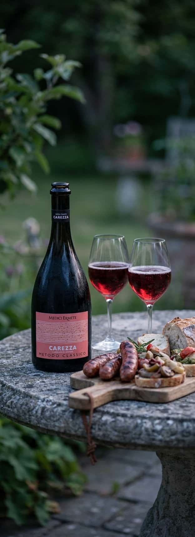 Grillikataus makkaroilla, antipastilla ja leivällä, kaksi lasia punaista Lambrusco-viiniä sivussa, iltatunnelma puutarhassa (Medici Ermete Carezza)