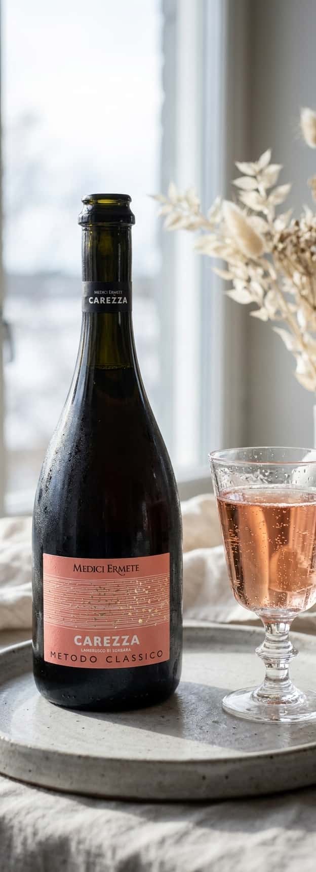Lähikuva Medici Ermete Carezza Lambrusco di Sorbara -pullosta, etiketti tarkennettuna vaaleaa taustavaloa vasten