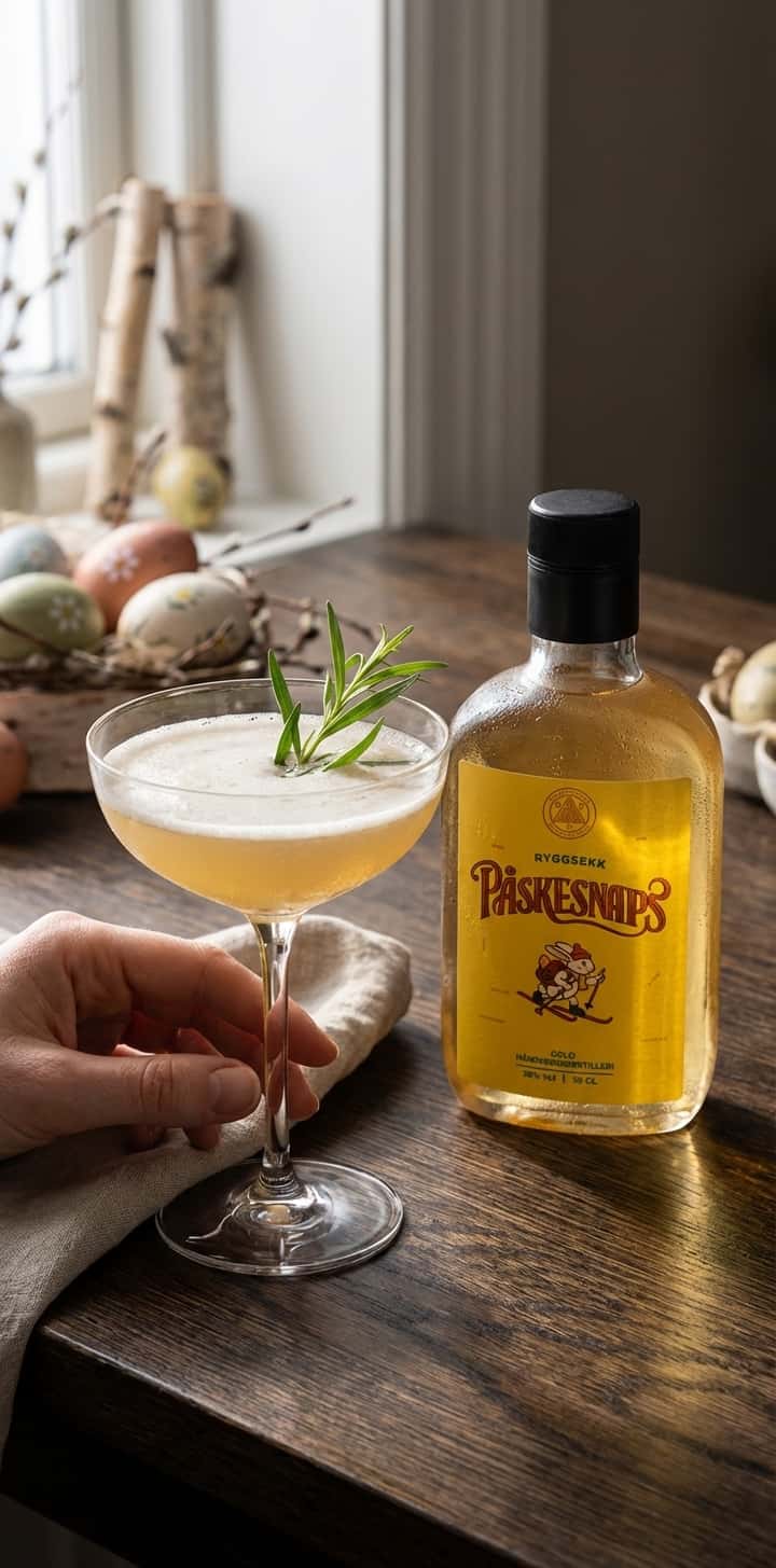 Et elegant coupeglass med skummende, lys gyllen drink, pyntet med estragonkvist, på en tremørk bordflate med påskepynt i