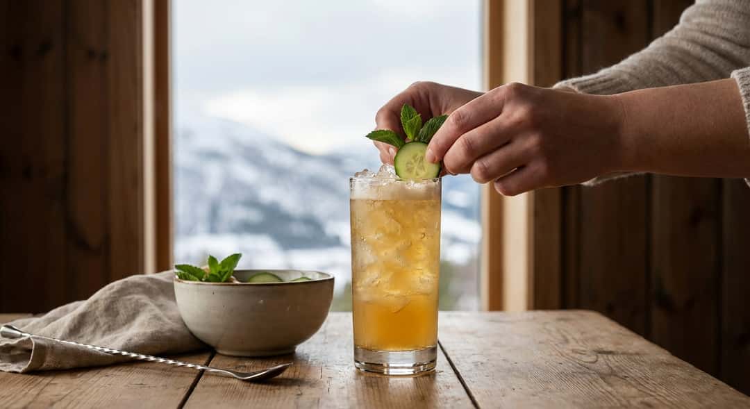 Et høyt glass med knust is, grønne myntekvister og agurkskiver, fyllt med gyllen drink, på et hytte-bord av tre med fjel