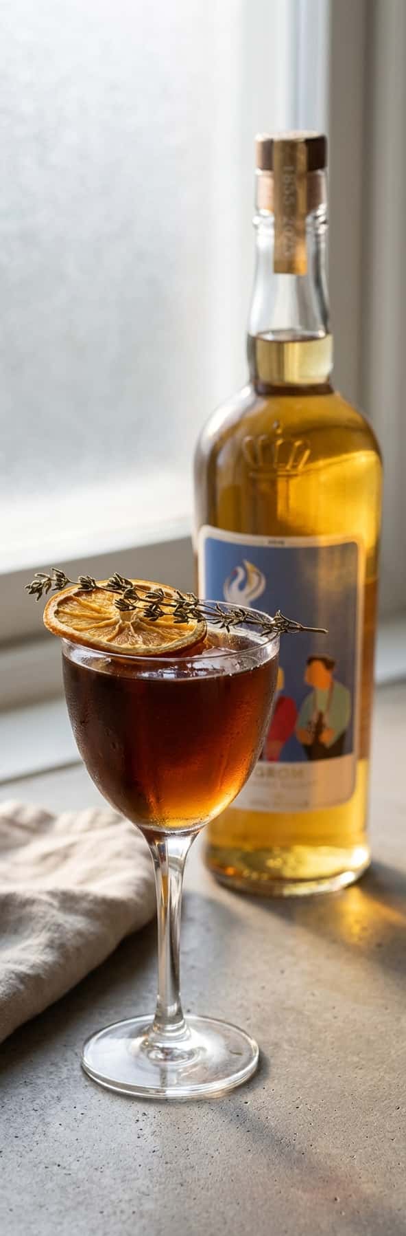 Et elegant Nick & Nora-glass med mørk, ravfarget drink, dekorert med dehydrert appelsinskive og drysset timian, med en f