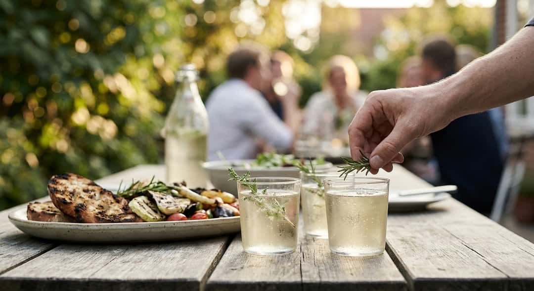A spring outdoor feast table with grilled food, fresh herbs and low glasses filled with sparkling drink, sun and greenery in the background