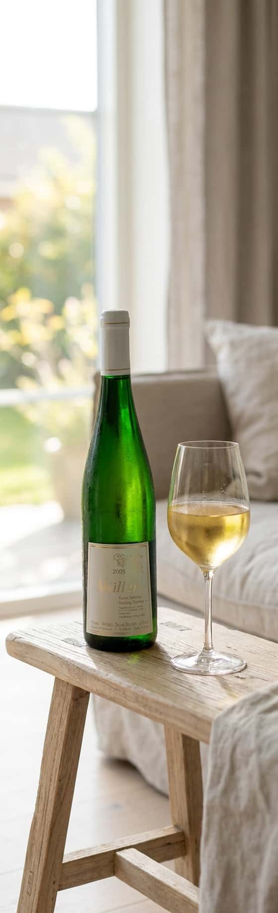 A bottle of Martin Müllen Kröver Letterlay Riesling Spätlese on a light wooden bench with a half-full glass beside it