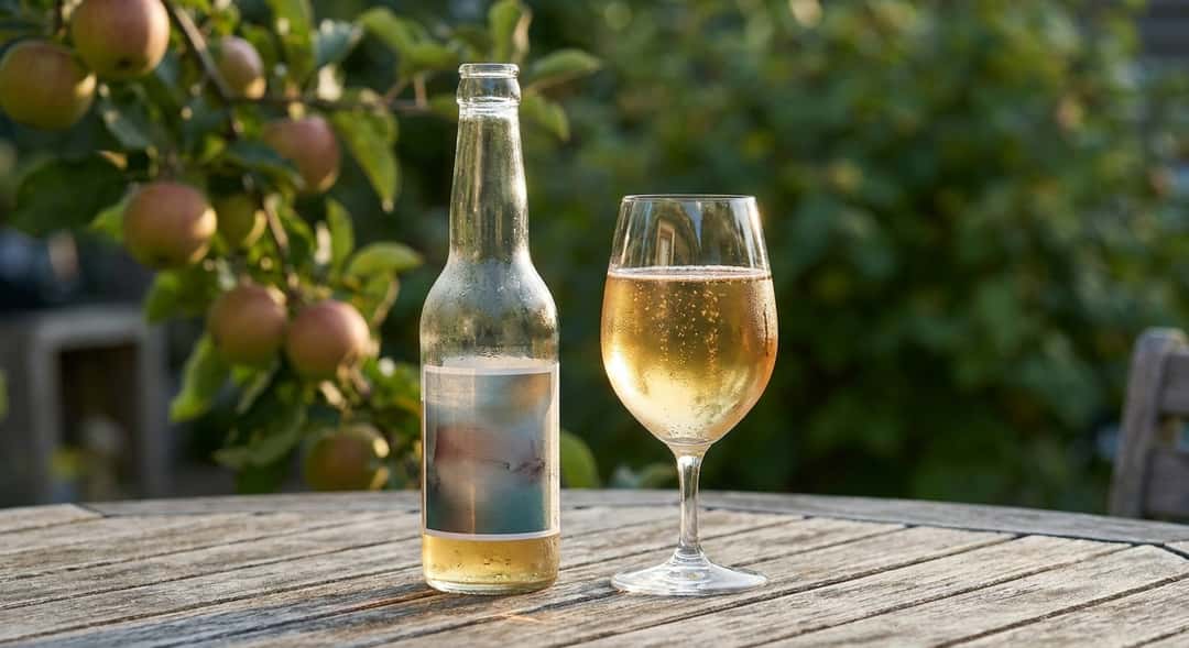 A bottle of Fjordsider Frisk Bris and a sparkling glass of cider on an outdoor table with apples and greenery in the background