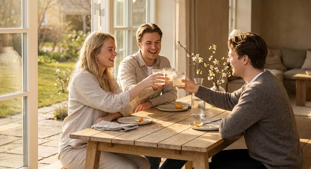 Young people around a beautifully set spring table, laughing and toasting with low sparkling glasses in the evening sun