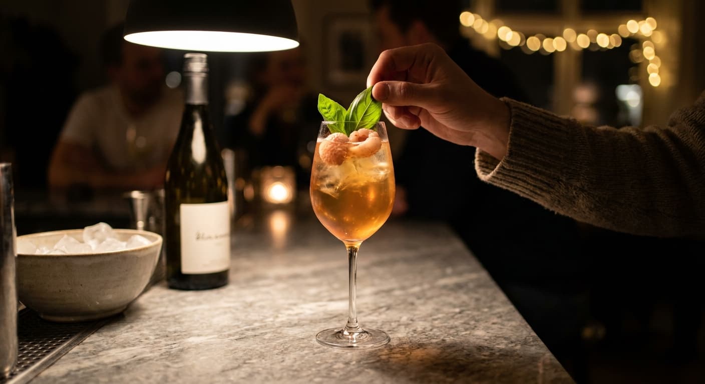 Lychee-spritz med rosé og basilikum