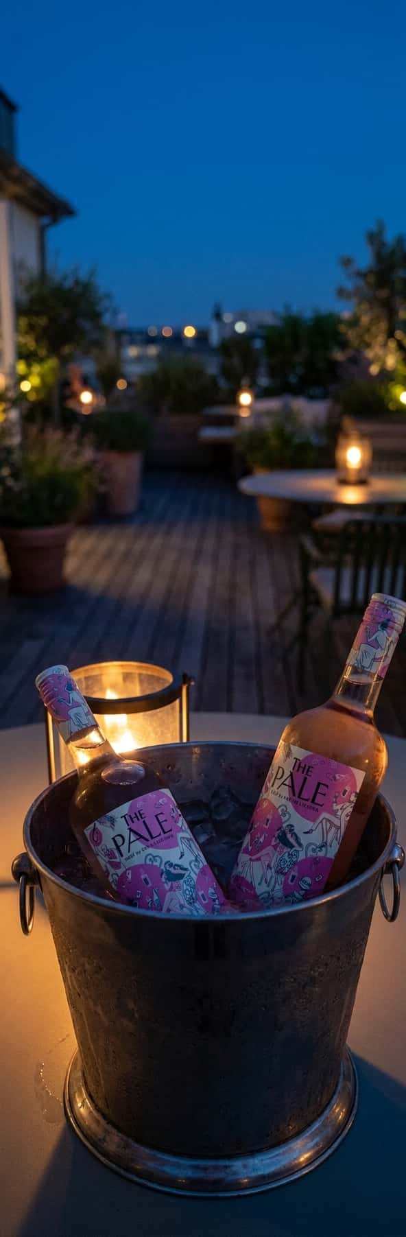 Two bottles of rosé wine standing in an ice bucket on a sunny terrace, including The Pale Rosé 2025