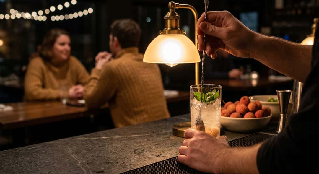 Close-up of hands muddling fresh basil in a highball glass with crushed ice and a lychee fruit visible in the background