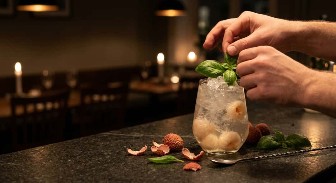 Bird's-eye view of a finished glass of lychee spritz with crushed ice, lychee fruit, and basil, surrounded by fresh ingredients