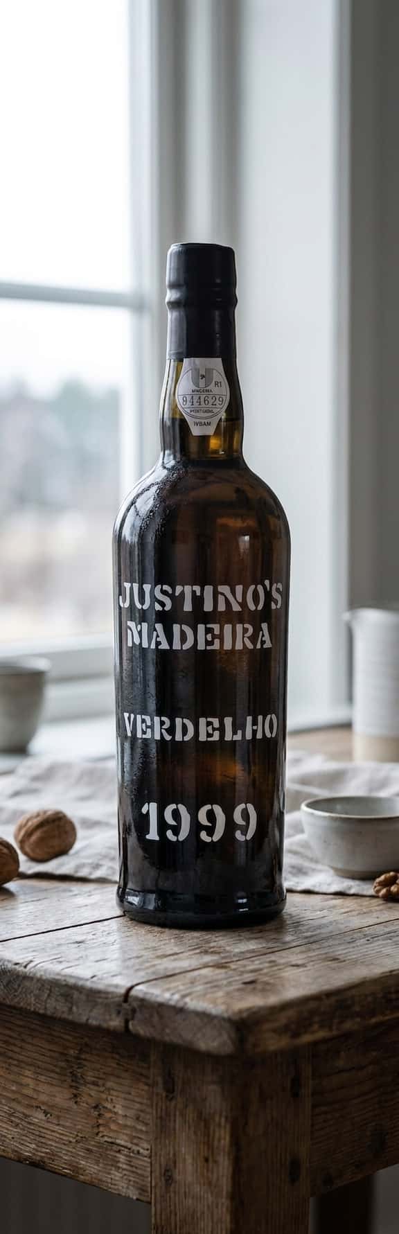 Flaske Justino's Madeira Frasqueira Verdelho 1999 på et rustikt trebord med naturlig lys, (Justino´s Madeira Frasqueira