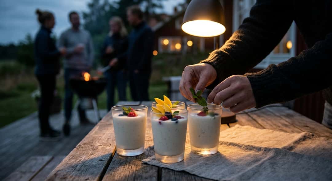 Three frosted glasses of yoghurt drinks on an outdoor wooden table, mango and berries as garnish, summer light in the background