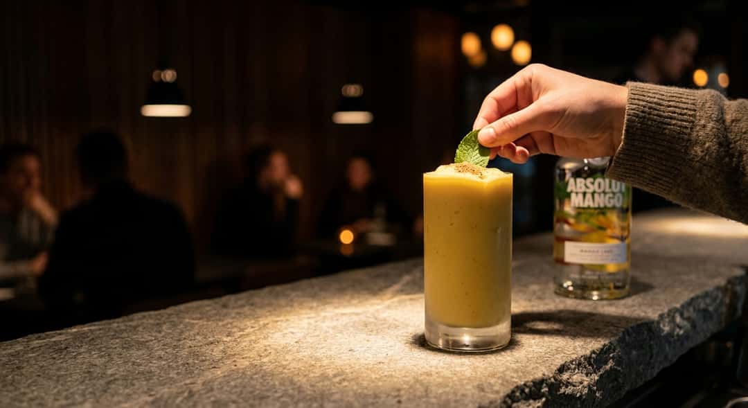 Close-up of an ice-cold mango lassi in a tall glass, yellow and creamy, with a mint leaf and cardamom powder on top, (Absolut Mango)