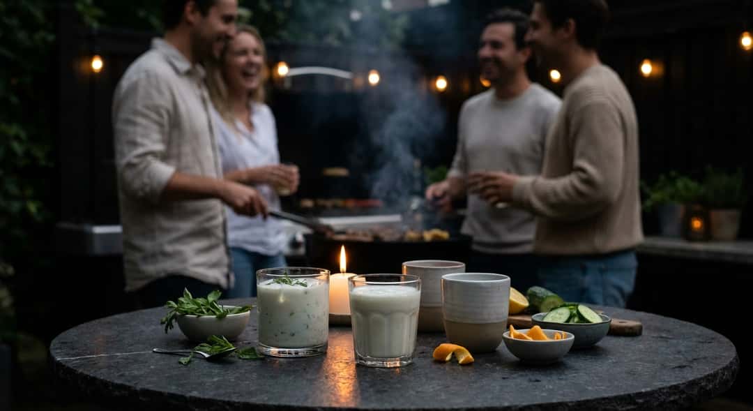 Friends around an outdoor grill table, three different yoghurt drinks in front of them, laughter and summer atmosphere