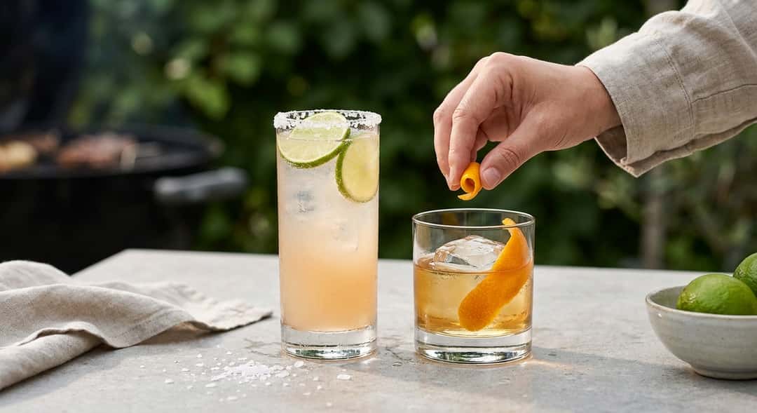 A Mezcal Paloma in a tall glass with a sea salt rim and lime slices, next to a rocks glass with mezcal and orange peel