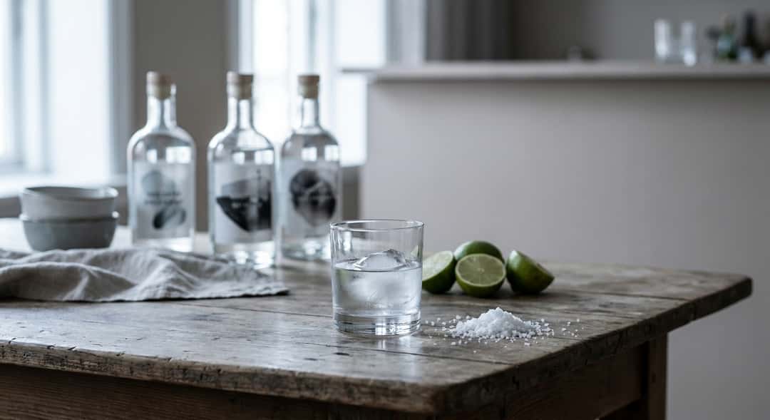 Three mezcal bottles (, , ) arranged on a rustic wooden table with lime, sea salt, and a half-full rocks glass beside them