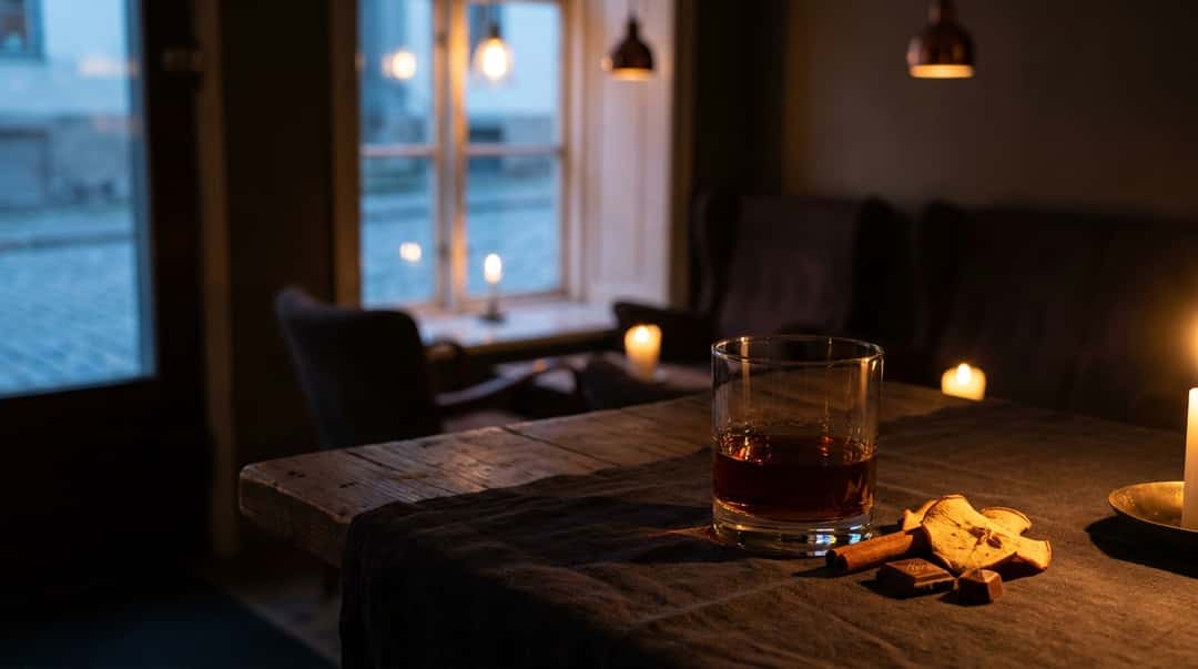 Glass of dark rum on a table in warm autumn light