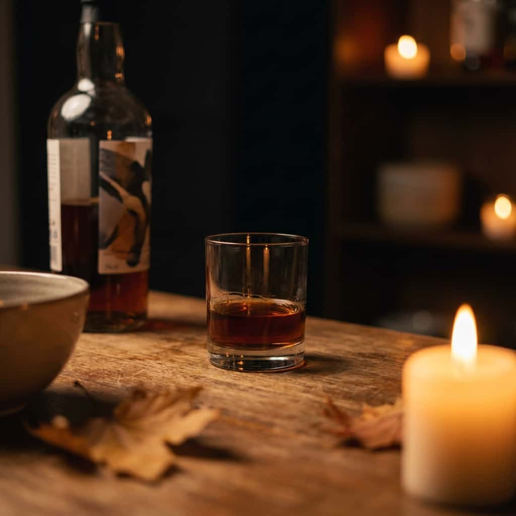 Dark rum bottles on a shelf in warm light