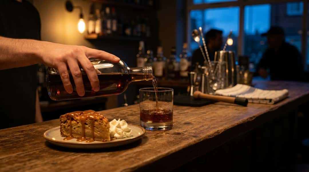 Apple cake with caramel sauce on a set table