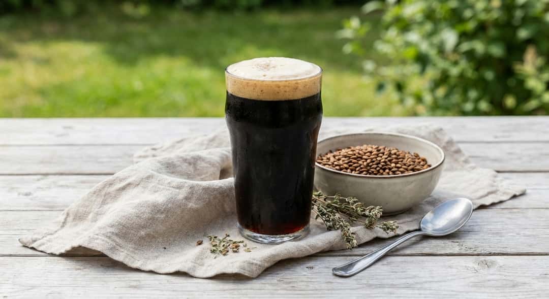 A dark, glossy stout glass filled to the brim, photographed in natural daylight outdoors with green summer grass in the background