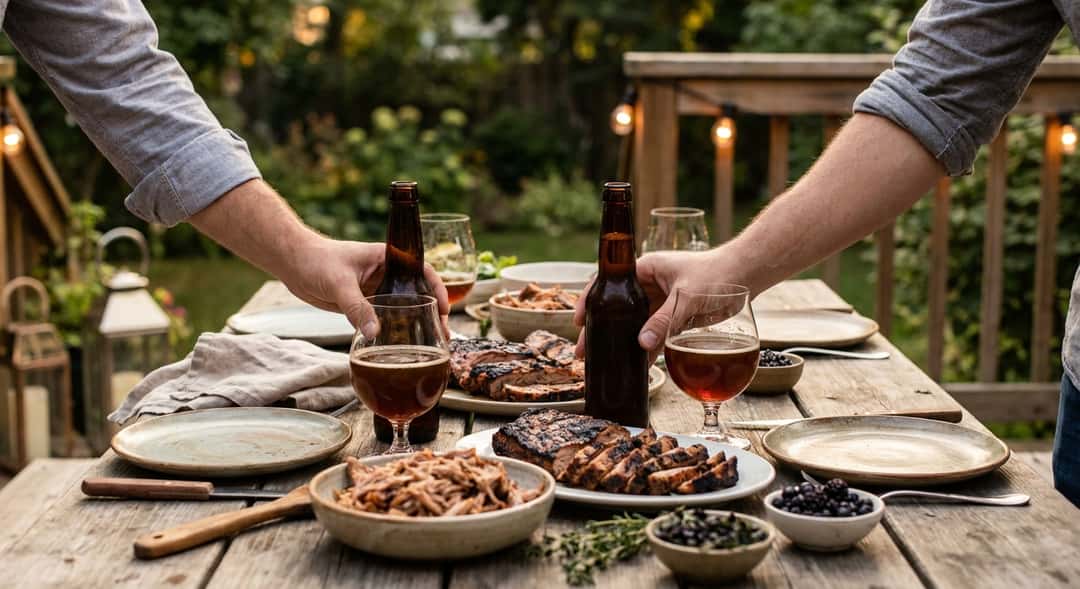 A rustic wooden table outdoors with grilled meat, some dark beer bottles and half-filled glasses, warm summer evening lighting