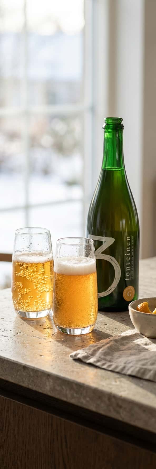 Glassene med ulike typer bobler – store og aggressive i ett glass, fine og tette i et annet – sett fra siden mot lyst ba