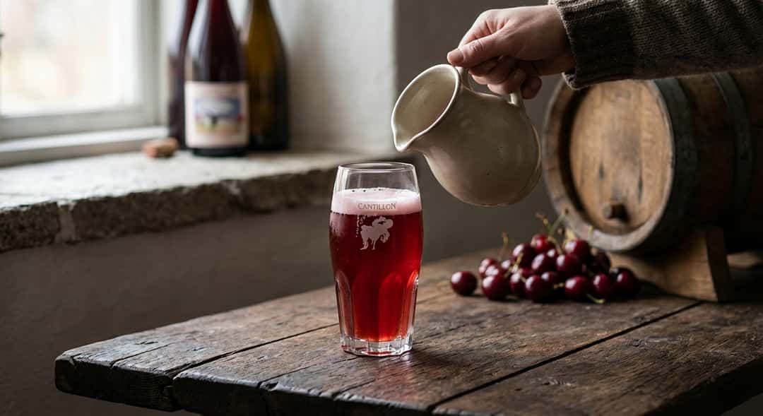 Cantillon Kriek i glass, kirserød farge, lett boblestruktur, rustikt treverk og kirser i bakgrunnen,