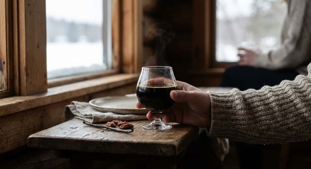 Omnipollo Noa Pecan Mud Cake i et lite snifter-glass på trebenk, damp stiger lett opp, pekan-nøtter og vaniljestang som