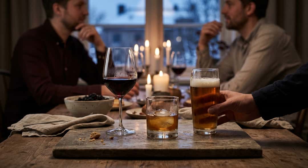 Et dekket bord med flere ulike glass – ølglass, vinglass, cocktailglass – alle med ulike væsker og teksturer, kveldslys