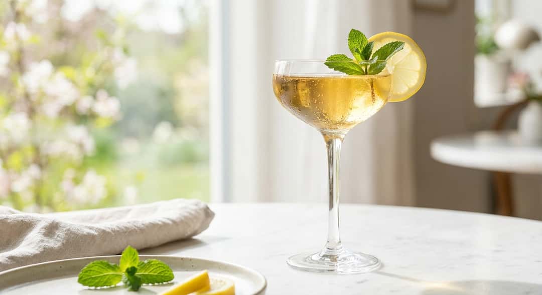 Et elegant champagneglass fylt med gyllen musserende te på et hvitt bord, garnert med en sitronskive og friske mynteblad